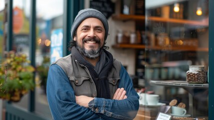 Fototapeta premium A confident cafe owner stands happily outside their coffee shop, showcasing pride in their business and the inviting setting