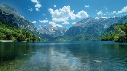   Mountains surround a water body under a blue sky with scattered white and few clouds