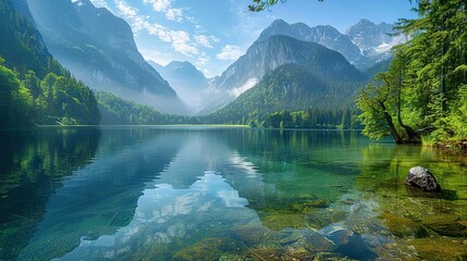 Naklejka premium Water encircled by mts, flanked by verdant trees, lush grass