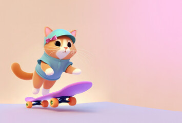 Fototapeta premium Cute Little Girl Cat Skateboarding