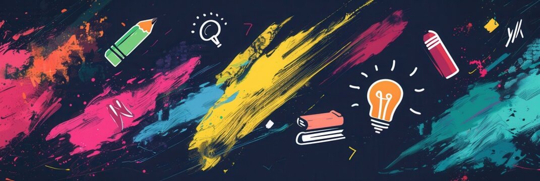 A decorated chalkboard features colorful brush strokes and drawings of globes, rulers, calculators, pencils, and lightbulbs, enhancing the classroom atmosphere. Generative AI