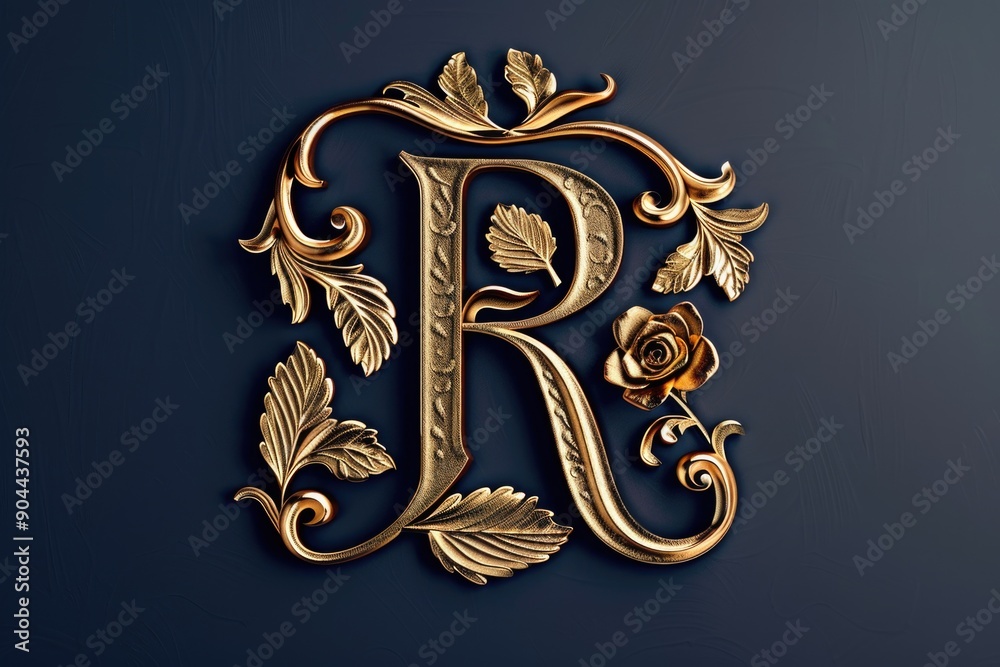 Sticker A gold letter R with a rose on a blue background, simple yet elegant design