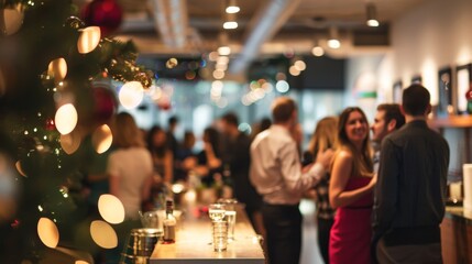 Professionals mingle in a modern workspace, enjoying drinks and laughter amidst festive decorations at a lively office party