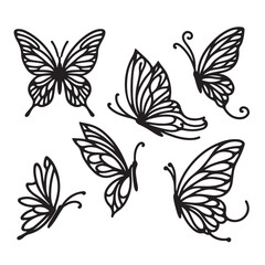 single line  black Flying butterflies silhouette black set isolated on transparent