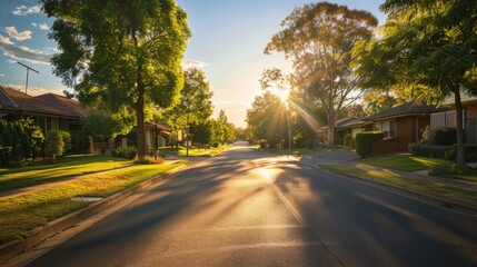 A deserted suburban street is illuminated by the warm golden light of the setting sun, casting long shadows and highlighting the tranquility of the neighborhood