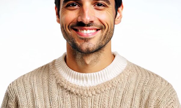 portrait of a Israeli man in his 30s wearing a cozy sweater against a white background