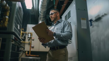 A skilled HVAC technician meticulously inspects a residential air conditioning unit, ensuring proper functionality in a cool-toned indoor environment