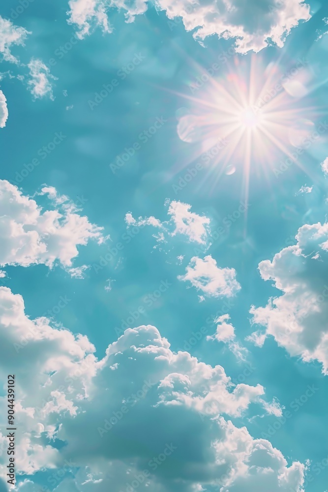 Poster a cloudy sky with a burst of sunlight shining through, perfect for weather or atmosphere-related con