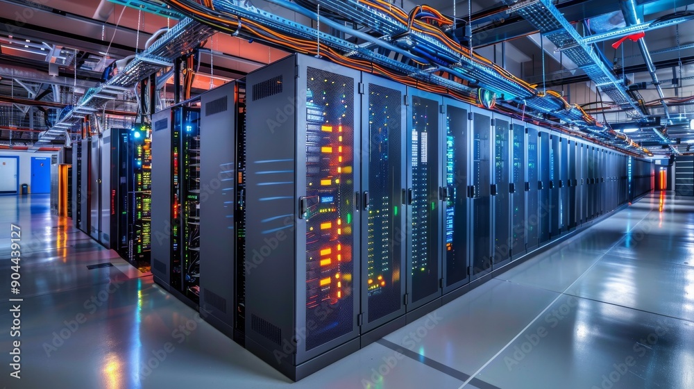 Poster a wide view of a high-tech server room featuring rows of servers with glowing indicators, emphasizin