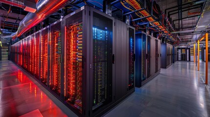 A wide-angle view showcases a high-tech server room filled with organized rows of servers, illuminated by vibrant, glowing indicators