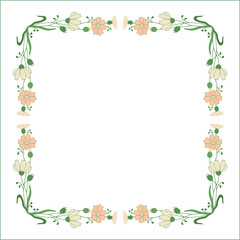 Elegant green vegetal ornamental frame with beige and pink flowers, decorative border, corners for greeting cards, banners, business cards, invitations, menus. Isolated vector illustration.	
