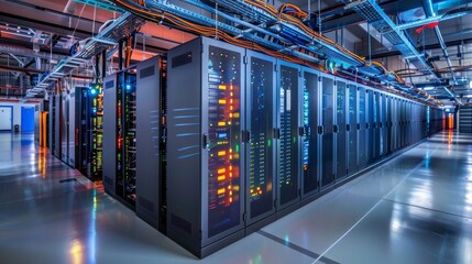 A wide view of a high-tech server room featuring rows of servers with glowing indicators, emphasizing organization and advanced data management technology