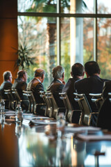 A group of people are sitting in a conference room with a view of the city. Scene is professional and serious, as the people are dressed in business attire and appear to be in a meeting