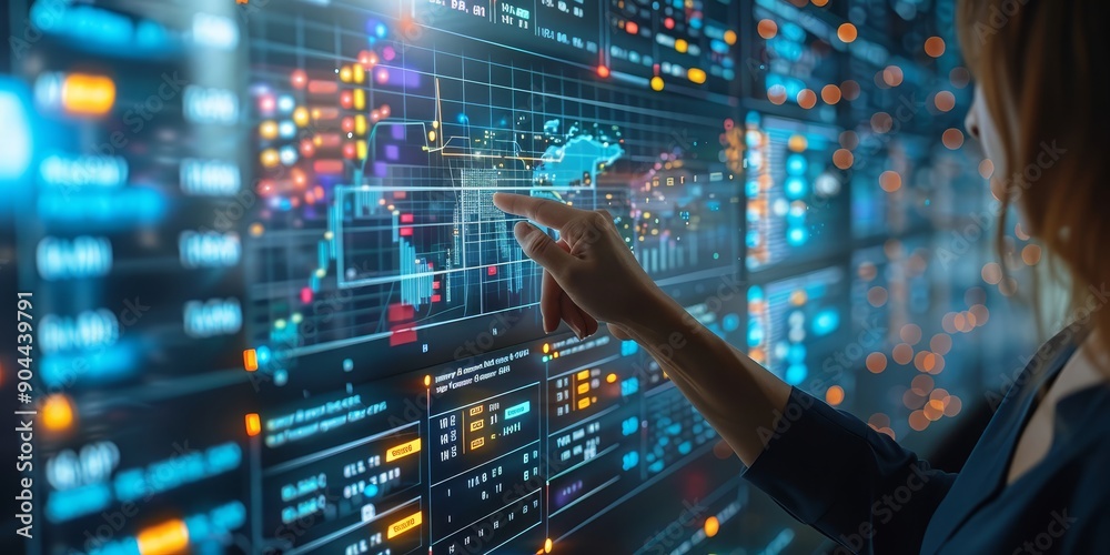 Aufkleber Hand touching a futuristic digital interface screen with data visualization, representing innovative technology and business analysis, Generative Ai