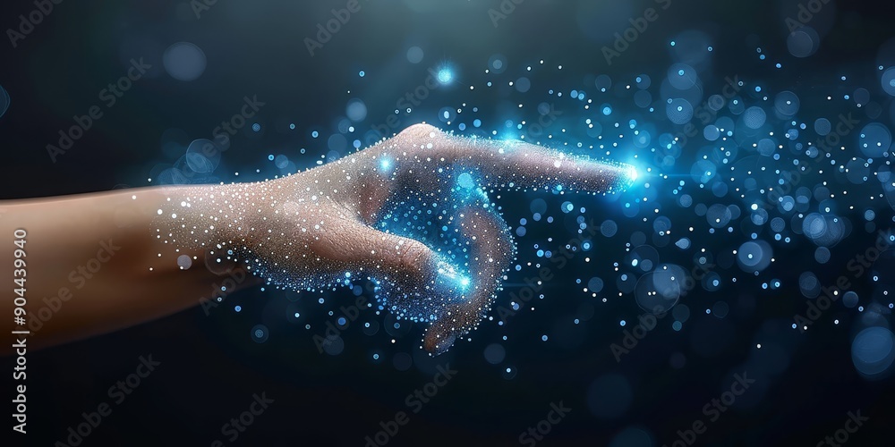 Poster A futuristic hand touching glowing digital particles, representing advanced technology and virtual interaction in a cyber world, Generative Ai