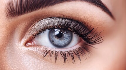 Obraz premium Close up woman eye with long eyelashes on white background.