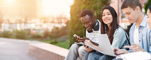 Happy Teens International Students Studying Together Outdoors, Enjoying University Life, Selective...