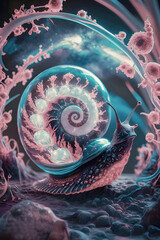 beautiful fine art with lighten snail on night landscape. Digital artwork. close up. Ai generated