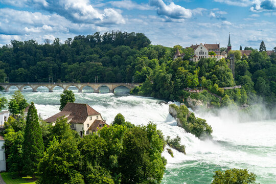 Rhine Falls (Rheinfall) in Switzerland, with castle Schloss Laufen, Neuhausen near the Canton Schaffhausen in Europe