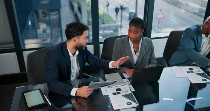 Businessman, office and discussion with documents in meeting for training, employees and operational procedures. Mentor, laptop and interns for coaching on regulations by multinational corporation.