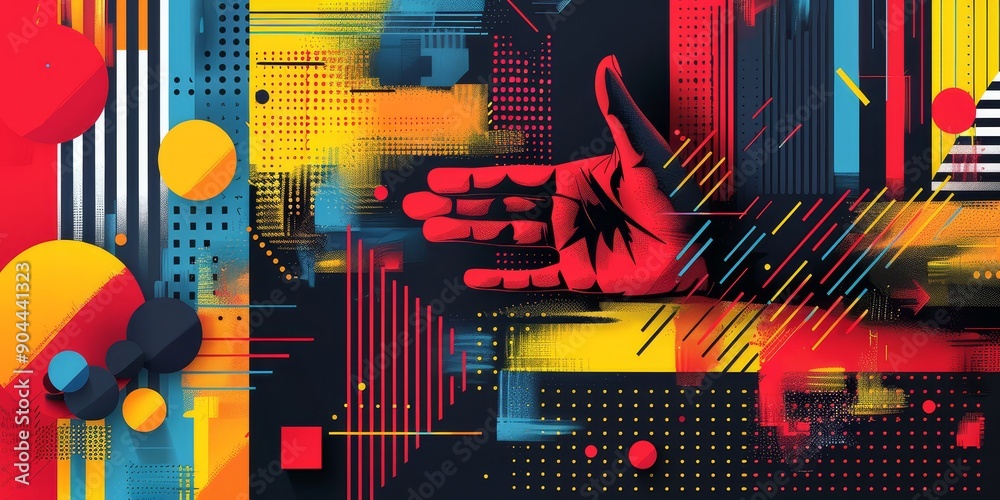 Poster Hand with colorful digital elements, symbolizing technological innovation and futuristic design in a vibrant abstract composition, Generative Ai