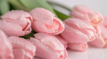   A close-up of pink flowers with water droplets on the petals and a green plant in the background