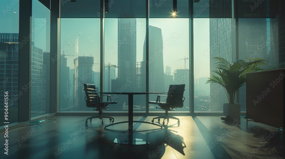 Poster a cozy room with a table and chairs near a large window