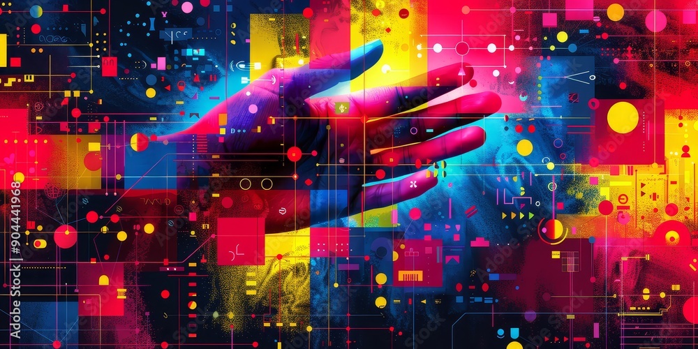 Leinwandbilder Hand with colorful digital elements, symbolizing technological innovation and futuristic design in a vibrant abstract composition, Generative Ai