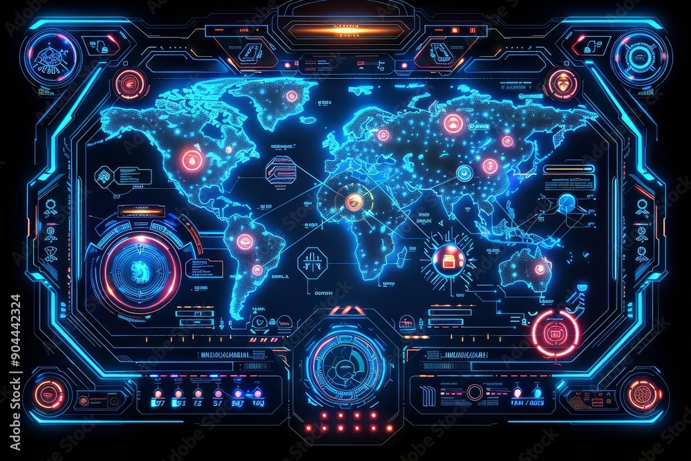 Aufkleber Futuristic HUD with a digital world map, showcasing global connectivity and advanced technological interfaces, Generative Ai