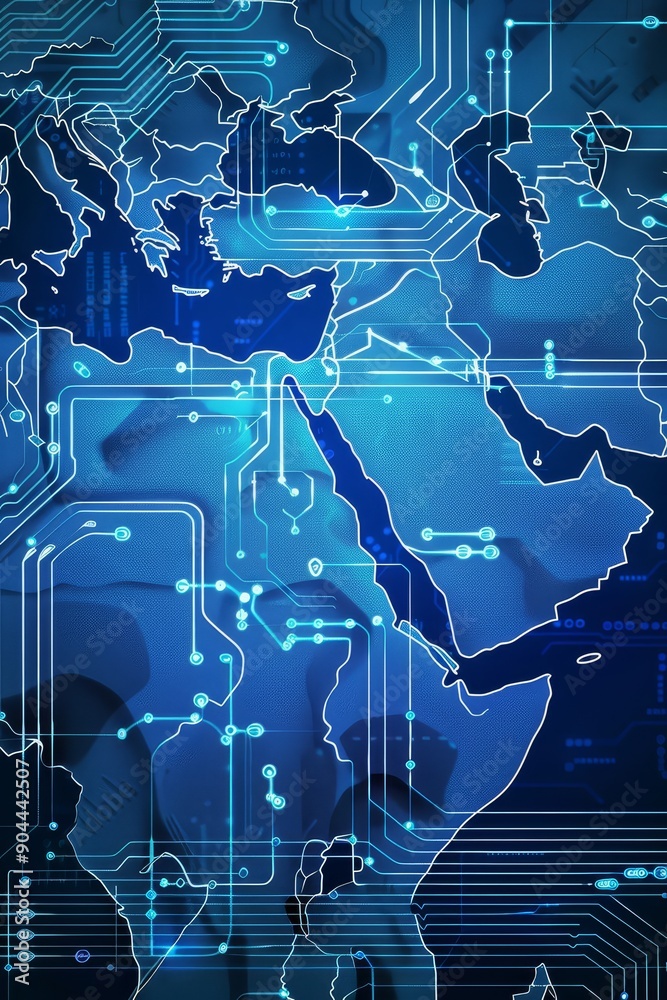 Poster Digital representation of the Middle East in blue, highlighting technological connectivity and modern mapping innovation, Generative Ai
