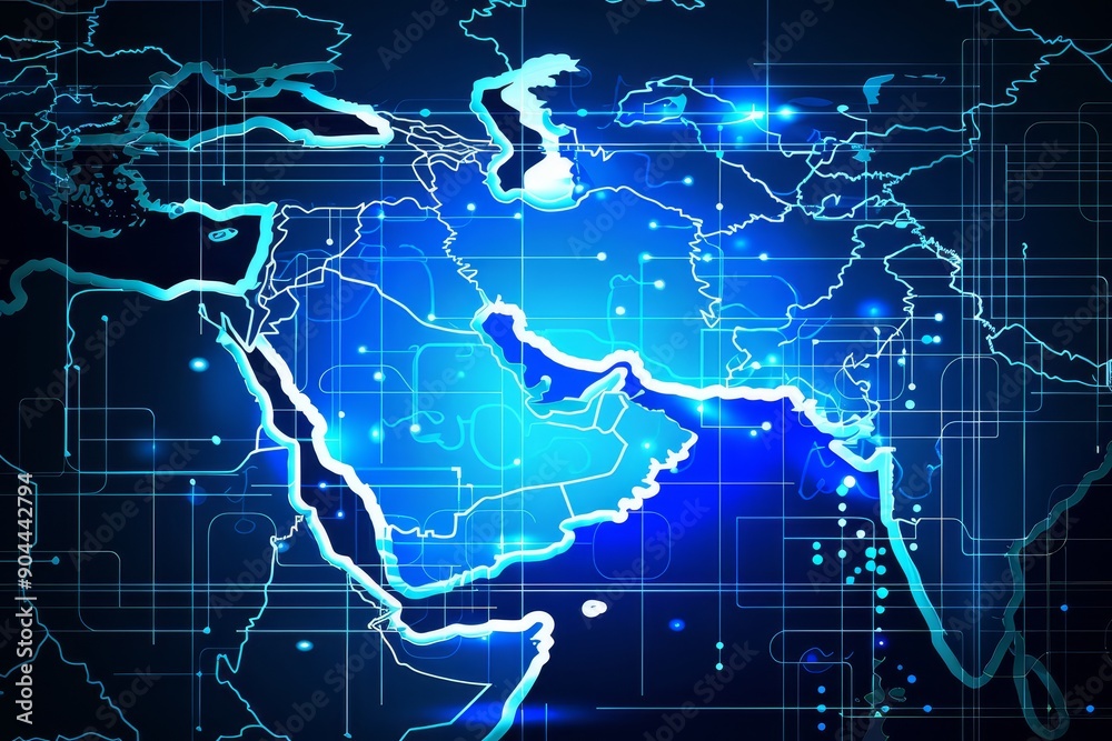 Poster Digital representation of the Middle East in blue, highlighting technological connectivity and modern mapping innovation, Generative Ai