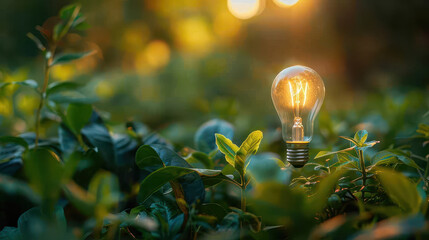 A light bulb is lit up in a green field. Concept of warmth and brightness, as the light bulb illuminates the natural surroundings