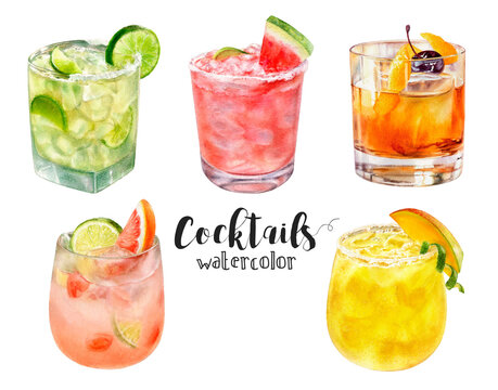 A vibrant and lively collection of beautiful watercolor cocktails, ideal for summer drinks and festive celebrations. PNG