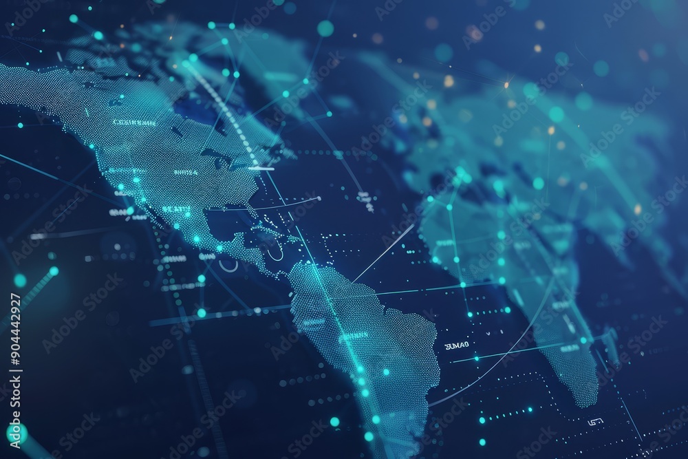 Poster Digital world map with interconnected data points representing global network and advanced technology communication, Generative Ai