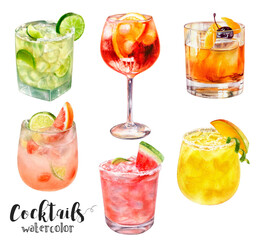 A vibrant and lively collection of beautiful watercolor cocktails, ideal for summer drinks and festive celebrations. PNG