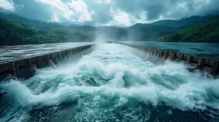 Fototapeta premium A large body of water with a lot of waves and a mountain in the background