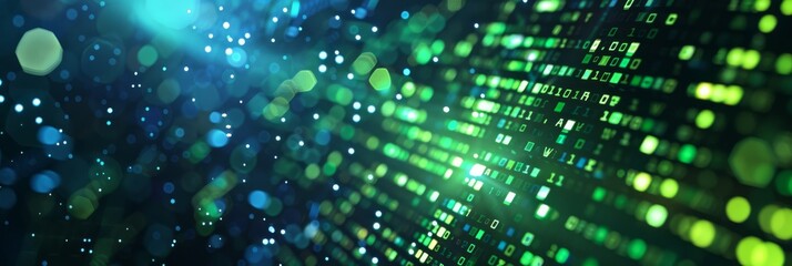 The display highlights modern tech and cybersecurity themes with abstract digital data streams in green and blue hues