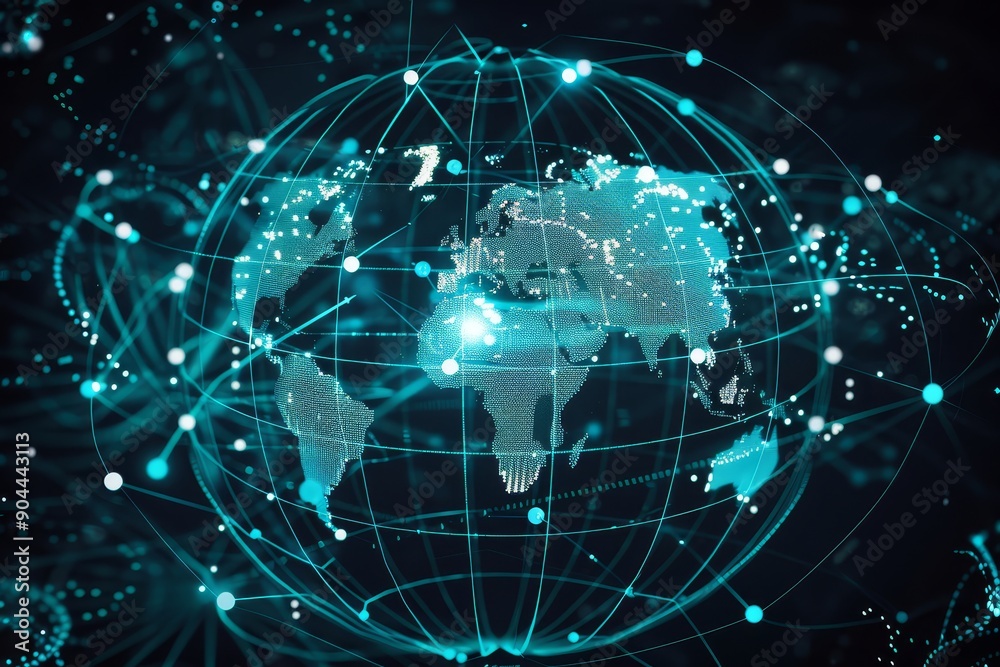 Poster Digital world map with interconnected data points representing global network and advanced technology communication, Generative Ai