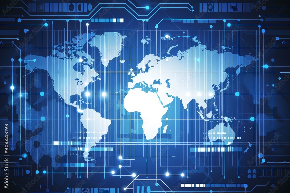 Poster Digital world map in blue representing global connectivity and advanced technology in a futuristic design, Generative Ai