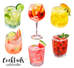A vibrant and lively collection of beautiful watercolor cocktails, ideal for summer drinks and festive celebrations. PNG