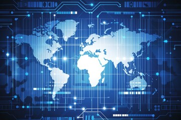 Fototapeta premium Digital world map in blue representing global connectivity and advanced technology in a futuristic design, Generative Ai