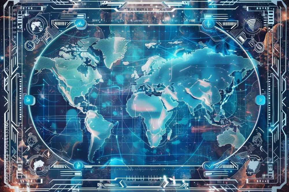 Poster Futuristic HUD with a digital world map, showcasing global connectivity and advanced technological interfaces, Generative Ai