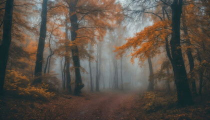 Fototapeta premium ground road in forest in the autumn season, beautiful nature, rainy weather, cloudy
