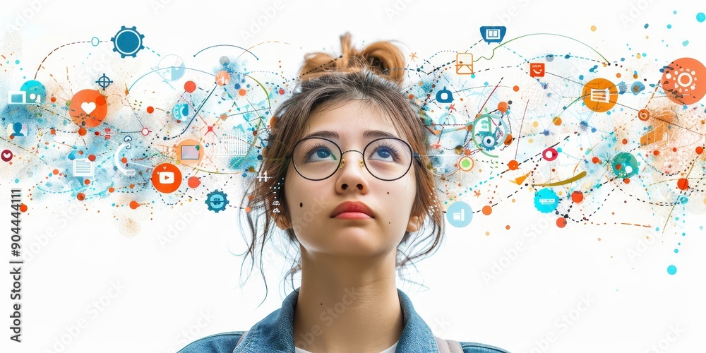 Poster Creative visualization of a womans thoughts and ideas, showcasing a colorful blend of imagination and technology in a digital concept, Generative Ai