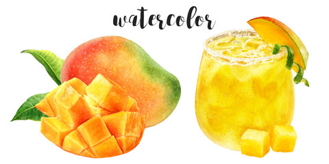 A Refreshing Tropical Watercolor Drink Accompanied by a Beautiful Mango Illustration Design. PNG