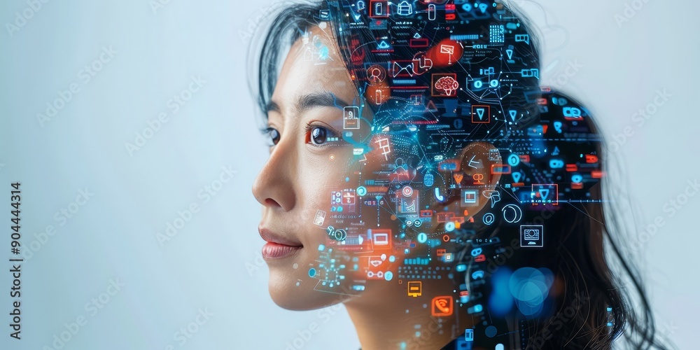Poster Womans profile with a digital network overlay, representing the convergence of advanced technology and artificial intelligence in contemporary society, Generative Ai