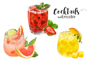 These colorful watercolor fruit cocktails are perfectly suited for summer gatherings and vibrant parties alike. PNG