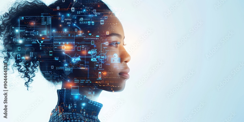 Poster Profile of a woman with a digital overlay, symbolizing the integration of advanced technology and artificial intelligence in the modern world, Generative Ai