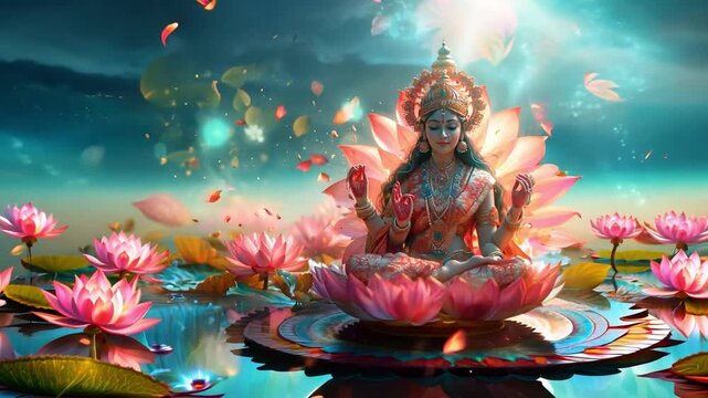 shows the Hindu goddess Laxmi, a representation of wealth and prosperity, sitting on a lotus with a celestial aura.