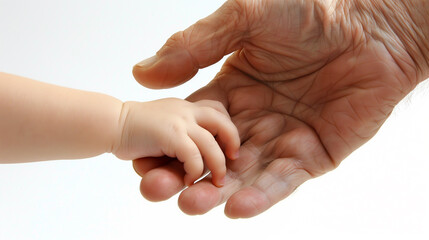 Senior man is holding the hand of a baby, symbolizing the passing of time and the circle of life